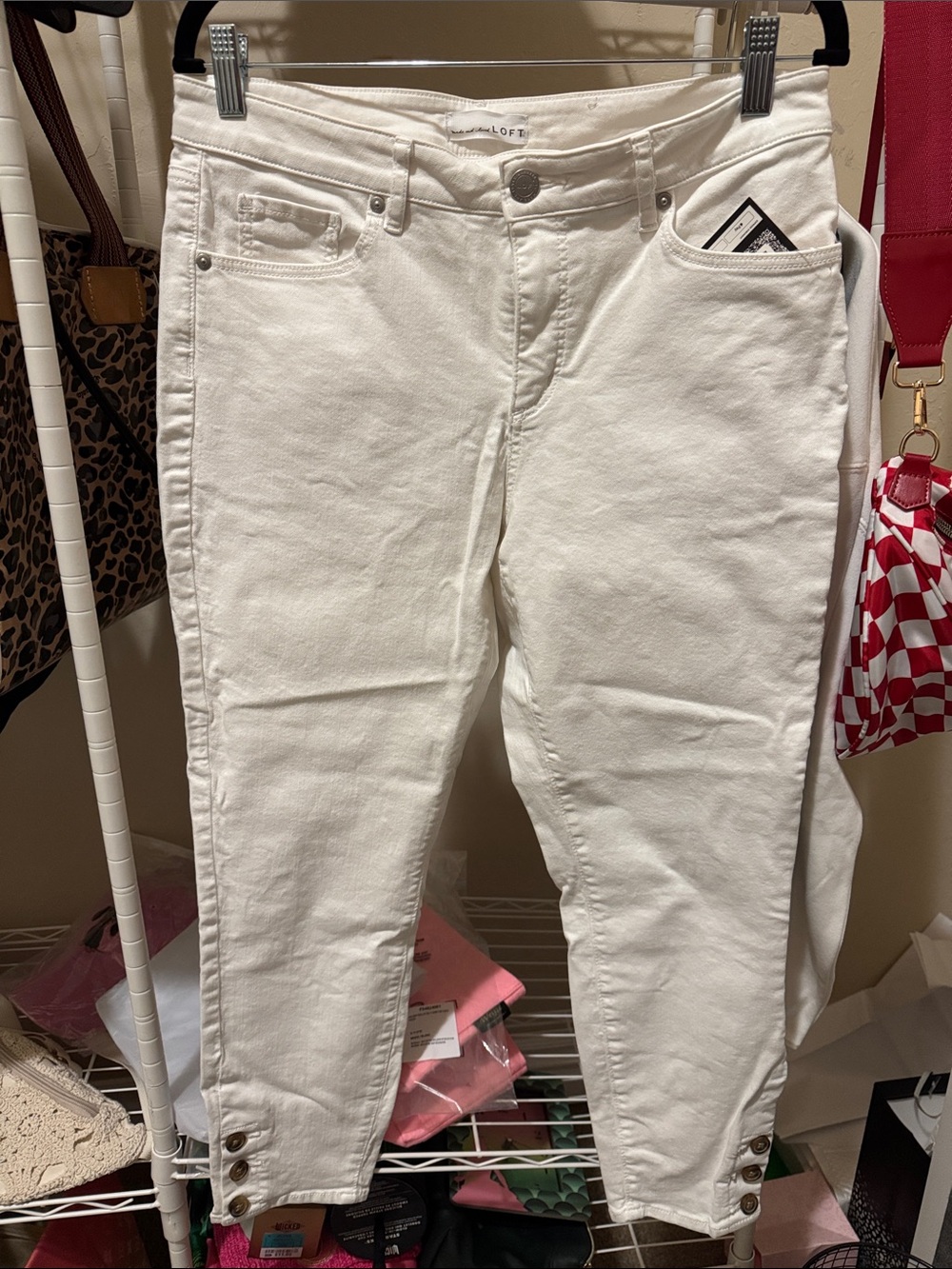 LOFT White High-Rise Cropped Ankle Jeans with Button Cuff Detail
